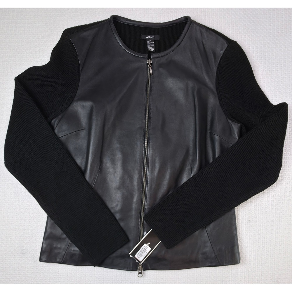 Alfani Leather Wool Jacket Womens Medium Black Mixed Media Zip Up New